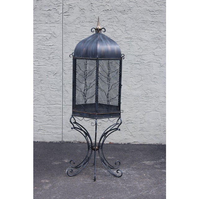 Vintage Wrought Iron Garden Bird Cage On Stand For Sale - Image 16 of 18
