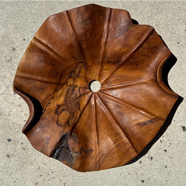 Brown Large Flat Wavy Leaf-Shaped Teak Pendant Light with Floral Stripes, 1980s For Sale - Image 8 of 11