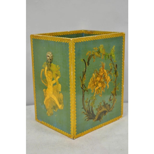 Vintage Italian Venetian Decoupage Green Gold Papier Mache Wastebasket Trash Can For Sale - Image 13 of 18