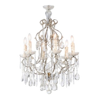 Italian 19th Century Six-Light Chandelier with Beaded Arms and Spear Crystals For Sale