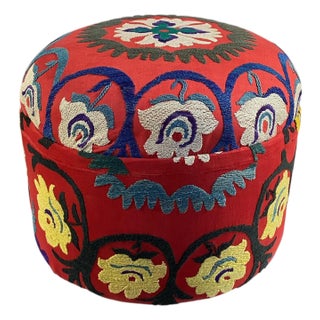 Custom Made Ottoman With Vintage Uzbeck Suzani Upholstery 16" H For Sale