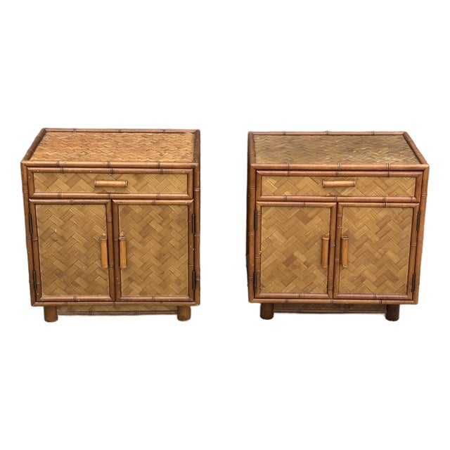 1980s Faux Bamboo and Herringbone Cane Nightstands - A Pair For Sale