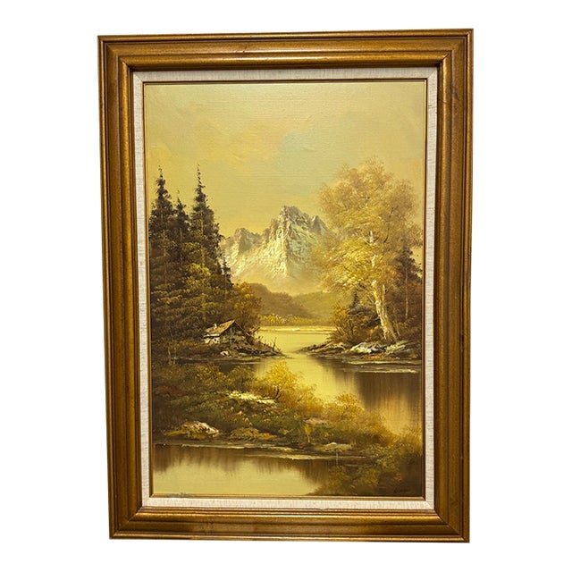 Alpine Mountain Lake Landscape Original Oil Painting, Vintage For Sale