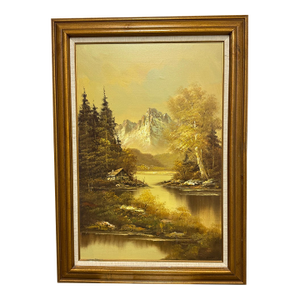 Alpine Mountain Lake Landscape Original Oil Painting, Vintage