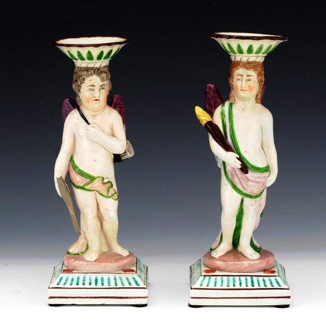 English Pair of English Pearlware Cupid and Torchbearer Figural Candlesticks, Attributed to Neale & Co. Or Wilson For Sale - Image 3 of 8