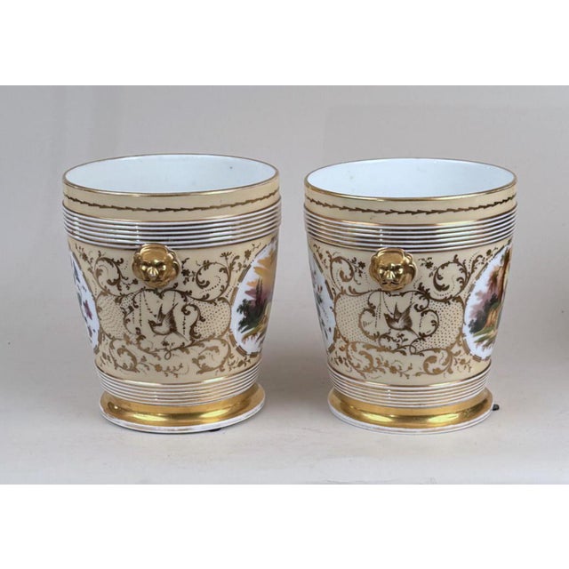 19th Century French Paris Porcelain Apricot Cachepot Planters & Stands With Lion Mask Handles Empire Taste - A Pair For Sale - Image 13 of 15