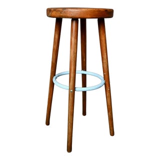 Vintage Bar Stool in Wood and Blue Lacquered Metal, 1960s For Sale