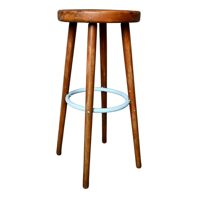Vintage Bar Stool in Wood and Blue Lacquered Metal, 1960s For Sale