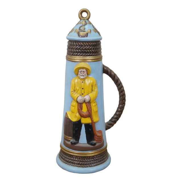 Vintage Ceramic Nautical Maritime Fisherman Sailor Rope Handle Beer Stein 17" For Sale