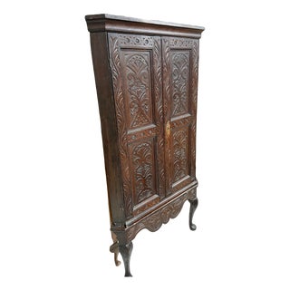 Antique Oak 2 Door Corner Unit With Carved Panels Resting On Cabriole Feet For Sale
