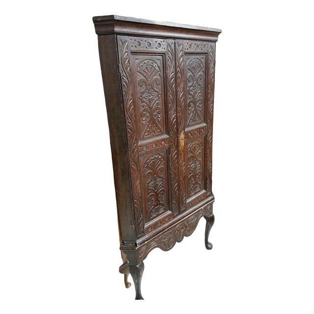 Antique Oak 2 Door Corner Unit With Carved Panels Resting On Cabriole Feet For Sale