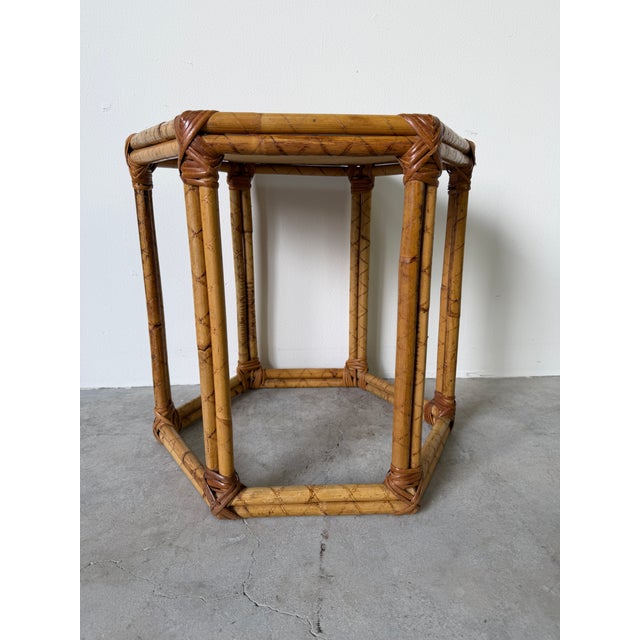 Wood Vintage Bamboo & Rattan Hexagon Side Table For Sale - Image 7 of 13