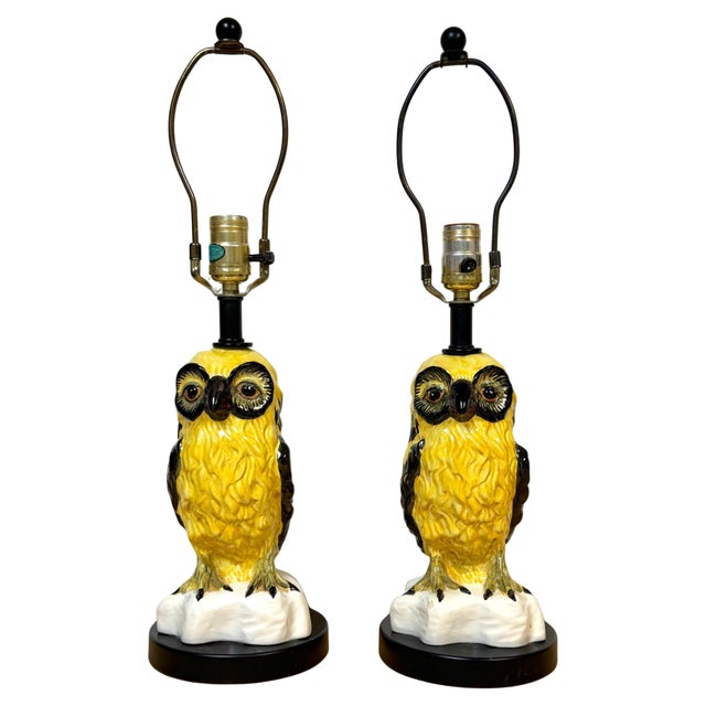 Mid-Century Modern Pair of Mid-Century Italian Spectacled Owl Pottery Lamps, 1960s For Sale - Image 3 of 18