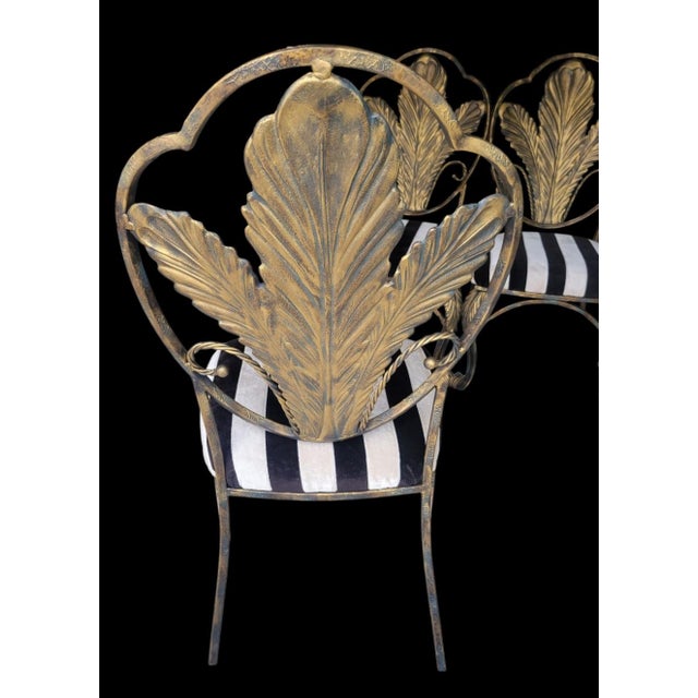 1990s Hollywood Regency Gold Gilt Metal Leaf Back Dining Chairs With Black & Cream Striped Upholstery - Set of 6 For Sale - Image 10 of 15