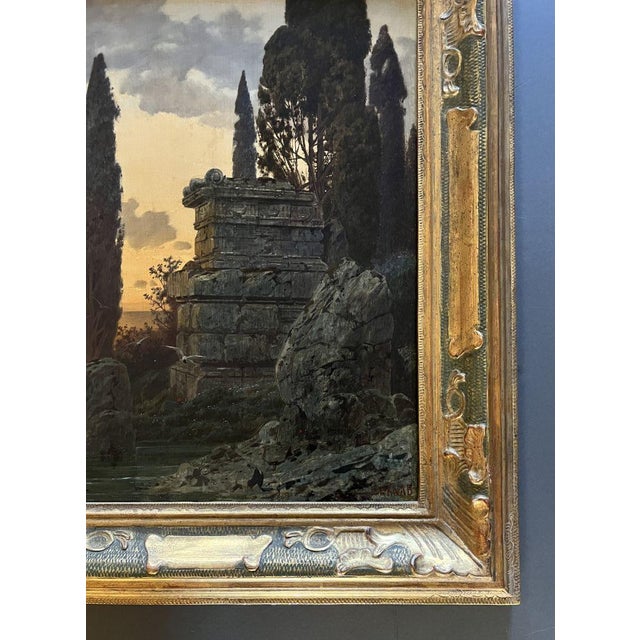 Ferdinand Knab, Ancient Ruin at Sunset, 1900, Oil Painting on Wood, Framed For Sale - Image 3 of 8