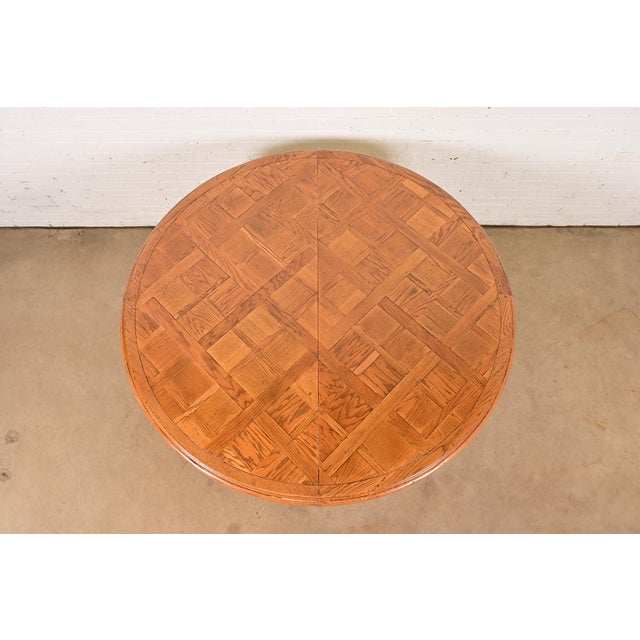 Late 20th Century Guy Chaddock English Country Rustic Oak Pedestal Extension Dining Table With Patchwork Parquet Top, Newly Refinished For Sale - Image 5 of 15