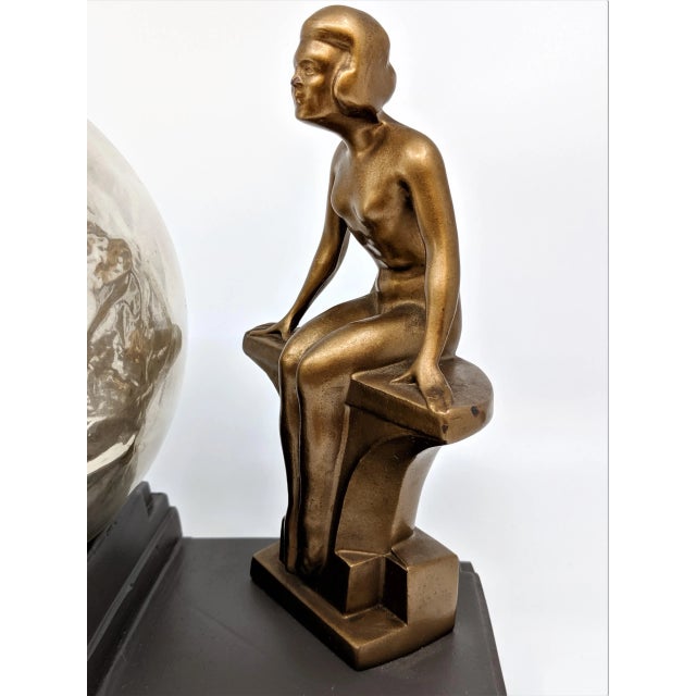 Gold 1930's Nuart Art Deco Double Nude & Glass Globe Table Lamp For Sale - Image 8 of 13