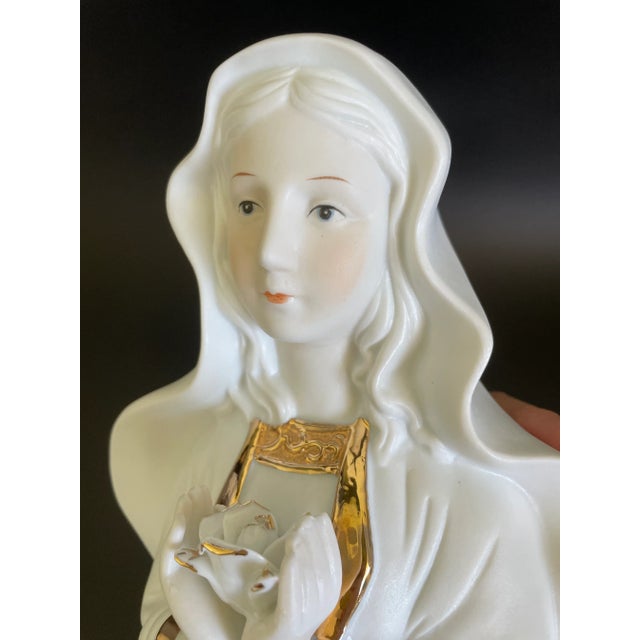 Vintage Gold Gild Bisque Porcelain Madonna Virgin Mary Holding Rose Bust Figurine For Sale - Image 9 of 13