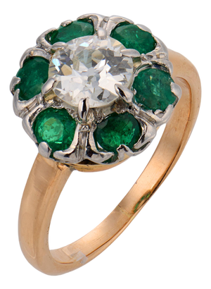 1910s Edwardian Diamond Emerald 18k Yellow Gold Cluster Ring, Size 4.5