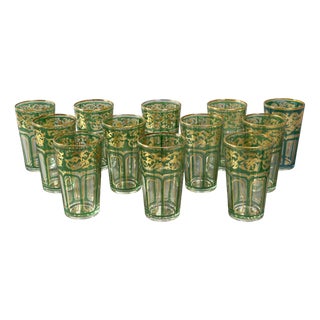 French Crystal Green Gilded Tumblers, 1910s, Set of 12 For Sale