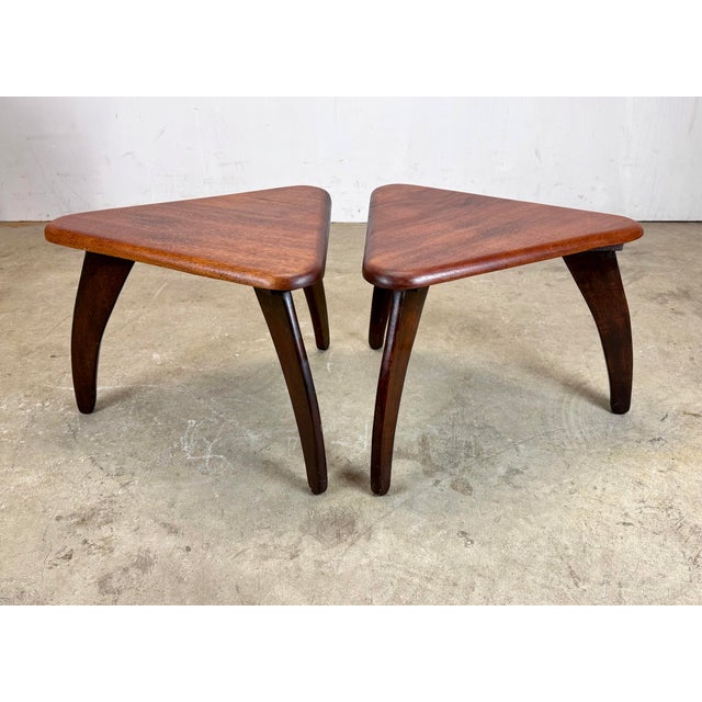 Mid Century Modern George Nakashima Style Mahogany Triangular Tripod Stool For Sale - Image 10 of 12