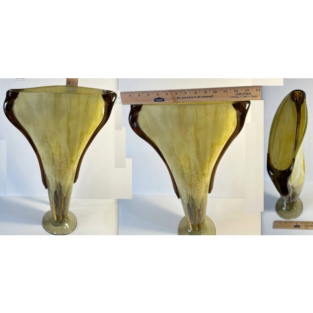 20 Inch Tall Yellow Amber Art Glass Pedestal Vase With Slender Narrow Profile For Sale - Image 12 of 12