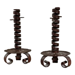 Antique French Spiral Candlesticks in Wrought Iron C. 18th Century, a Pair