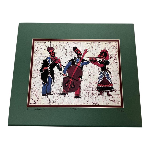 1990s Amos Amit “Trio” Signed Numbered 460/500 Batik Print Israeli Jewish Art Matted For Sale