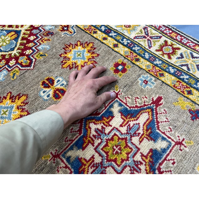 Extra-Long Olive Gold Kazak-Style Wool Runner Rug With Geometric Medallions, 2'7" X 14'8" For Sale - Image 13 of 18