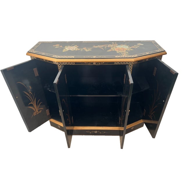Vintage Chinese Console Cabinet Chinoiserie Mother of Pearl Applique Asian Style For Sale - Image 4 of 11