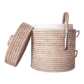 Artifacts Rattan Ice Bucket with Tongs in White Wash 10" - 2 Pieces For Sale