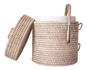 Artifacts Rattan Ice Bucket with Tongs in White Wash 10" - 2 Pieces