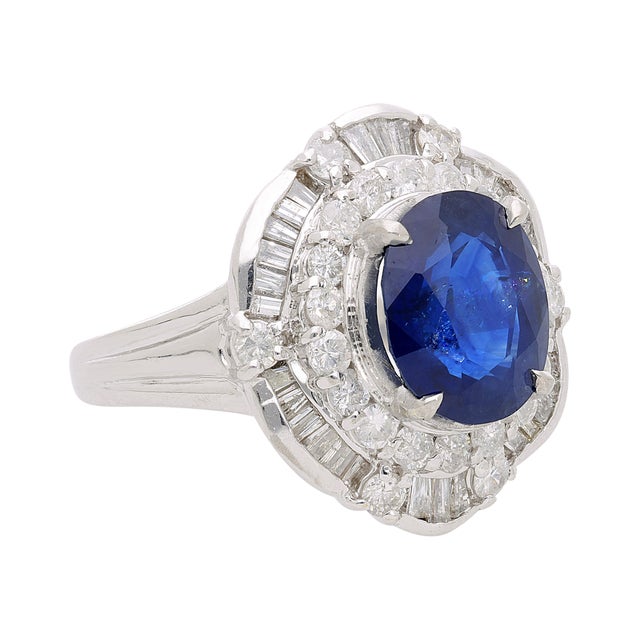 Contemporary Gia Certified 4.15 Carat Oval Thai Sapphire & Diamond in Platinum Vintage Ring, Size 7 For Sale - Image 3 of 10