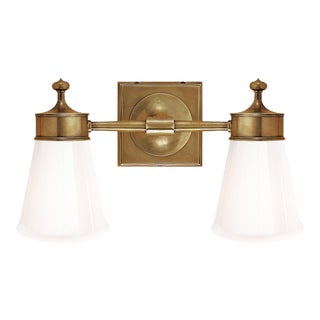 Visual Comfort Signature Siena Double Sconce in Hand-Rubbed Antique Brass with White Glass For Sale