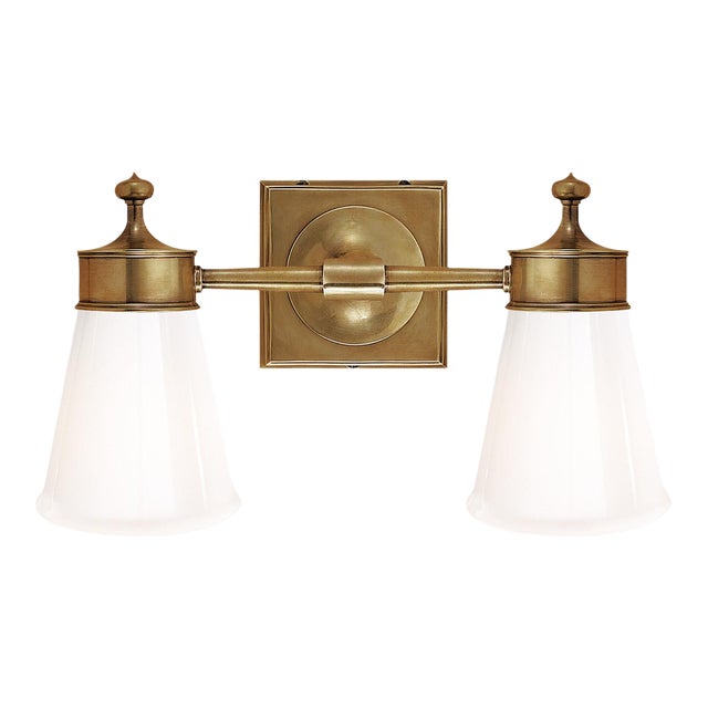 Visual Comfort Signature Siena Double Sconce in Hand-Rubbed Antique Brass with White Glass For Sale