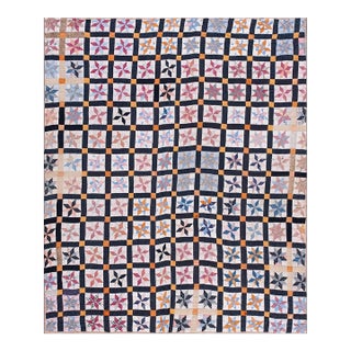 1930s Multicolor Geometric 4Star Antique American Quilt 5'3" X 6'5'' Handknotted Cotton Carpet Rug For Sale