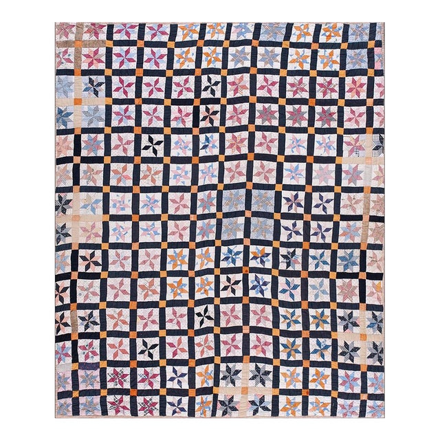 1930s Multicolor Geometric 4Star Antique American Quilt 5'3" X 6'5'' Handknotted Cotton Carpet Rug For Sale