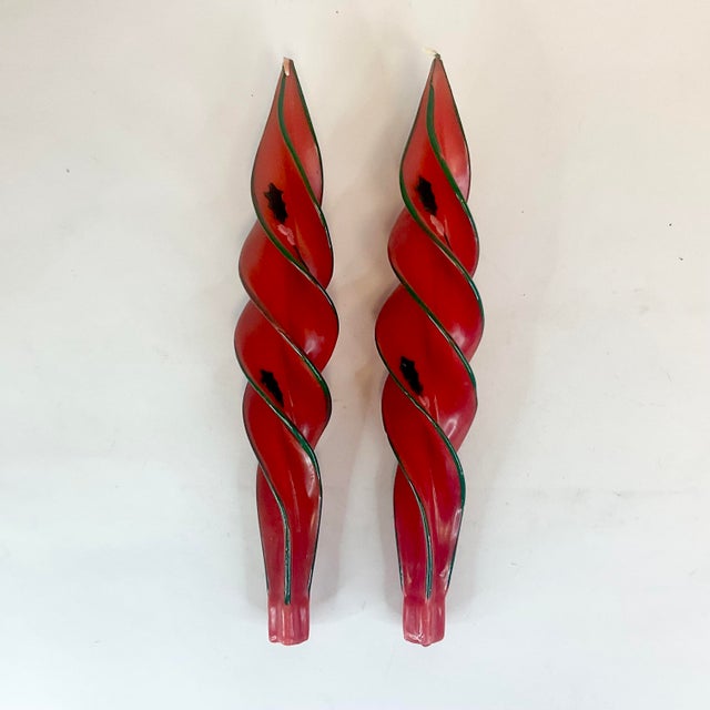 Mid-Century Modern Mid-Century Boho Chic Christmas Red Spiral Holly Candles - A Pair. For Sale - Image 3 of 8