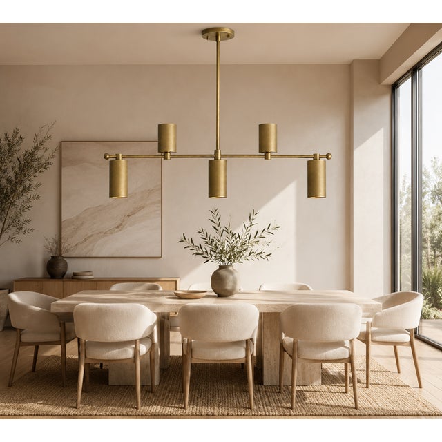 Handcrafted Solid Brass Linear 5 Light Chandelier, Industrial Brass Chandelier, Ceiling Light Fixture, Dining Room Lighting For Sale - Image 9 of 10