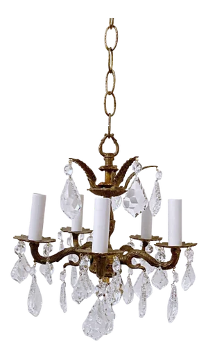 1950s Brass Chandelier With French Pendalogue Crystals