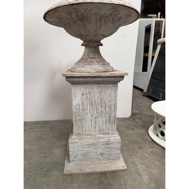 Neoclassical Late 20th Century Iron Urn With Wooden Pedestal For Sale - Image 3 of 18