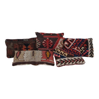 Mid 20th Century Hand-Woven Wool Kilim Rug Throw Accent Lumbar Pillows - Set of 7 For Sale