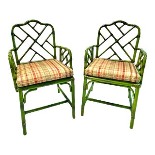 Vintage Pair of Green Rattan & Bamboo Armchairs For Sale