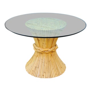 1970s Signed McGuire Bamboo Rattan Wheat Sheaf Pedestal Base 45” Round Glass Top Dining Table For Sale