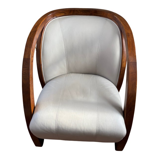 Late 20th Century Bone-Colored Leather Easy Chairs With Walnut Legs and Arms For Sale