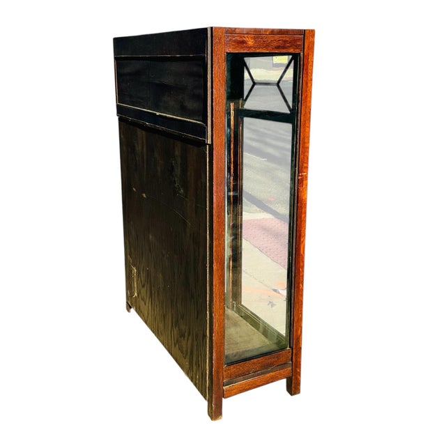 Wood Antique Arts & Crafts Mission Oak Double Door China Cabinet With Leaded Panels For Sale - Image 7 of 7