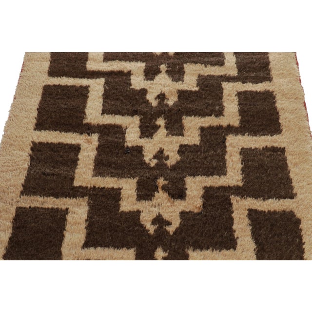 1950s Vintage Tulu Tribal Rug in Brown & Beige Geometric Pattern, Shag Pile For Sale - Image 4 of 7