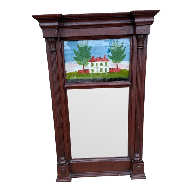 Antique Pennsylvania Country Federal Two-Part Hall Mirror With Reverse Painted Églomisé Panel, Circa 1820s For Sale