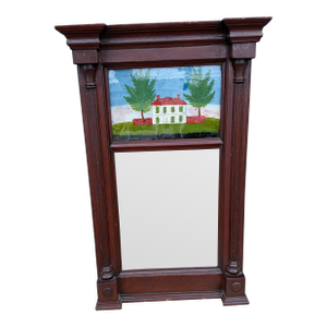 Antique Pennsylvania Country Federal Two-Part Hall Mirror With Reverse Painted Églomisé Panel, Circa 1820s
