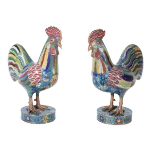 Pair of Antique Chinese Cloisonne Roosters